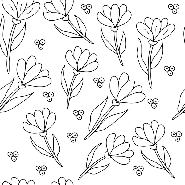 Seamless pattern - linear flowers on a white background, vector graphics. For the design of wallpaper, wrapping paper, covers, prints on textiles, tablecloths, bedding — Stock Vector