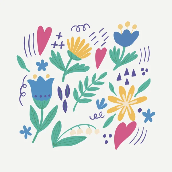 Set von Vektorbildern von blauen, gelben Blüten, Blättern und kleinen Objekten auf weißem Hintergrund. Für die Gestaltung von Postkarten, Geschenkpapier, Drucken auf Umschlägen, T-Shirts, Rucksäcken — Stockvektor