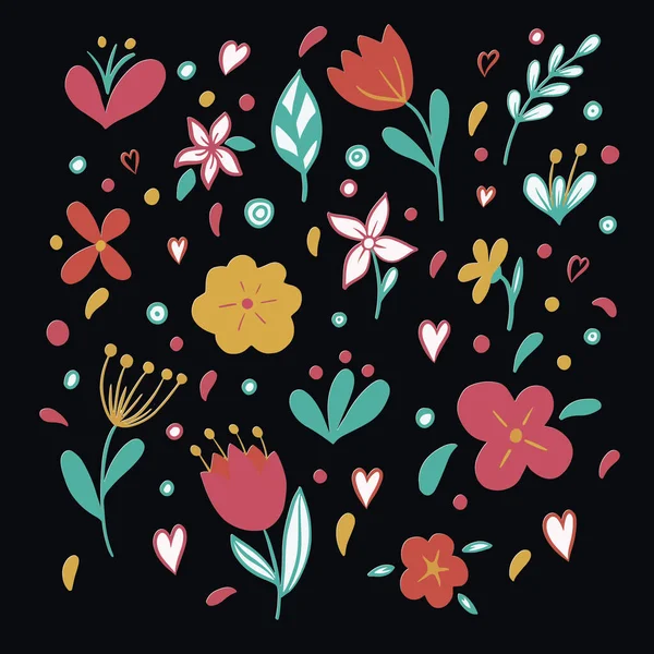 Pattern of bright pink and yellow flowers on a back background in vector graphics. For the design of wrapping paper, wallpaper, prints on textiles, pillows, bedding — Stock Vector