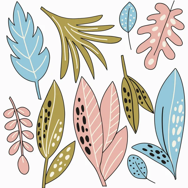 Illustration vectorielle botanique - feuilles roses, bleues, vertes sur fond blanc. Pour la conception de papier peint, textiles, impressions sur vêtements, papier d'emballage, couvertures de carnet — Image vectorielle