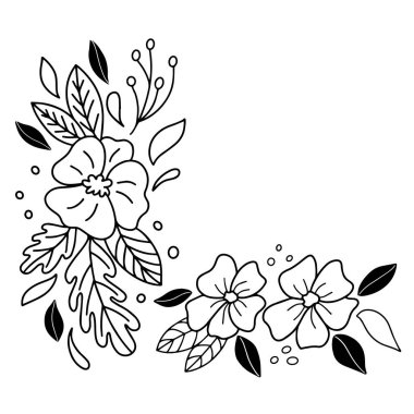 Vektör grafiklerinde beyaz bir arkaplanda çiçeklerin şenlikli çerçevesi. Kart tasarımı için, tebrikler, davetiyeler, duvar kağıtları