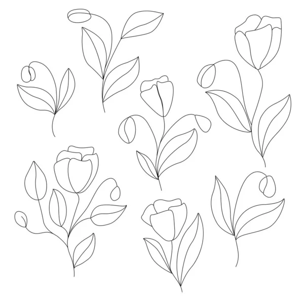 Disegno vettoriale lineare di fiori semplici su sfondo bianco. Per la progettazione di carta da parati, carta da parati, tessuti, biancheria da letto, cuscini, tovaglie — Vettoriale Stock