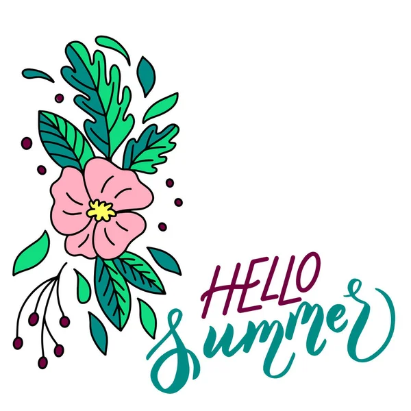 Imagen vectorial de una flor rosa e inscripción - hola verano - sobre un fondo blanco para el diseño de postales, felicitaciones, carteles, portadas para cuaderno — Archivo Imágenes Vectoriales