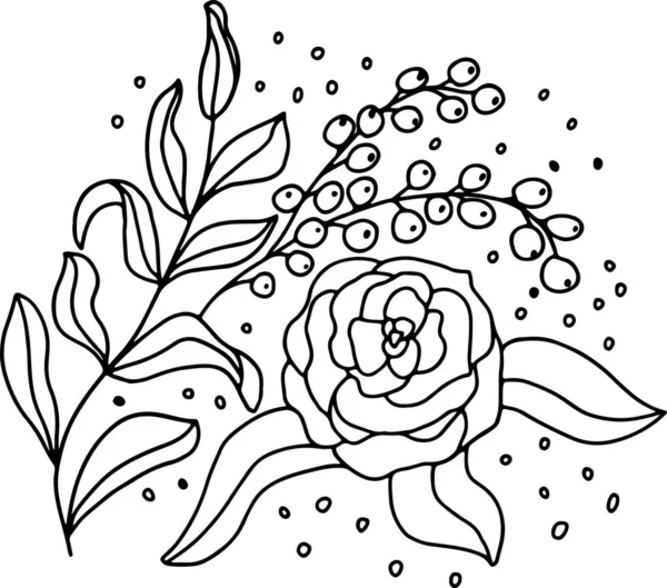 表紙、ぬり絵、パッケージ、 Tシャツのプリント、ポストカードの装飾のための線形スタイル、葉と花の白い背景のベクトル画像 — ストックベクタ