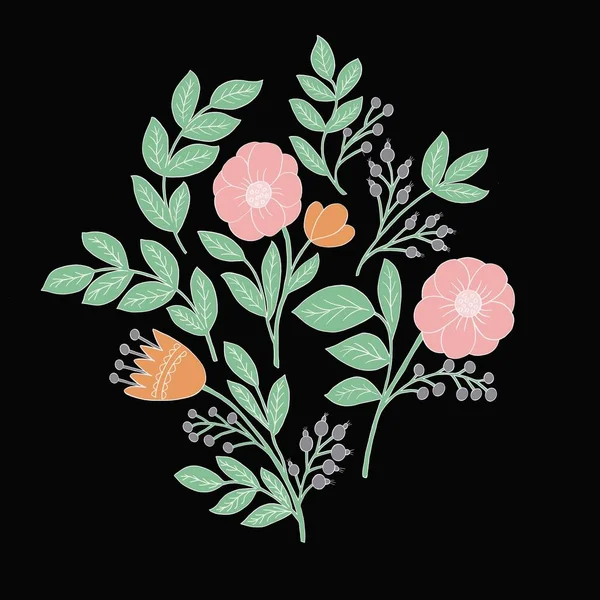 Muster mit leuchtend rosa Blüten und Blättern auf schwarzem Hintergrund. Zur Dekoration von Textilien, Verpackungspapier, Handyhüllen, Drucken auf Kleidung — Stockfoto