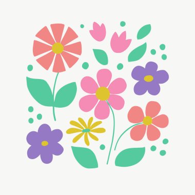 Vektör grafiklerinde beyaz bir zemin üzerinde şirin pembe ve leylak çiçekleri, süsleme kartları, giysilerdeki izler, kupalar, tekstil