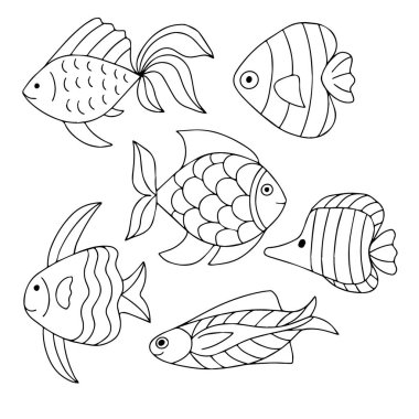 Vektör görüntüde beyaz bir zemin üzerinde deniz balığı kümesi. Boyama kitapları, ambalaj tasarımı, defterler için kapaklar