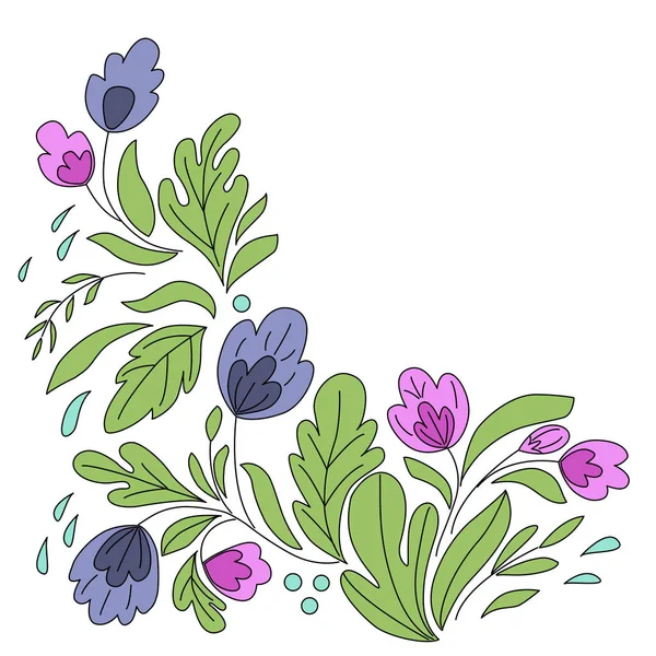 Vektorbild eines Eckrahmens aus blauen, rosa Blüten und Blättern. Für die Gestaltung von Karten, Hochzeitseinladungen, botanischen Illustrationen, Geschenkpapier — Stockvektor