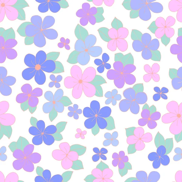 Vektornahtloses Muster aus zartrosa und lila Blüten auf weißem Hintergrund. Für die Gestaltung von Tapeten, Textilien, Packpapier, Einbänden für Notebooks, Telefone — Stockvektor