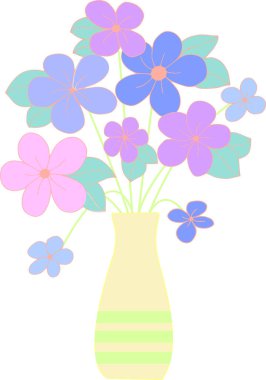 Beyaz arkaplanda, vektör grafiklerinde bir vazodaki narin pembe ve mavi çiçeklerin görüntüsü. Kartpostal tasarımı, defter kapakları, ambalaj kağıtları, tekstil, tablolar için baskılar