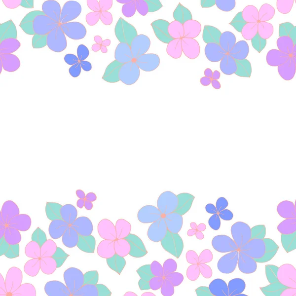 Vektorrahmen aus zartrosa und lila Blüten auf weißem Hintergrund. Für die Gestaltung von Tapeten, Textilien, Packpapier, Einbänden für Notebooks, Telefone — Stockvektor