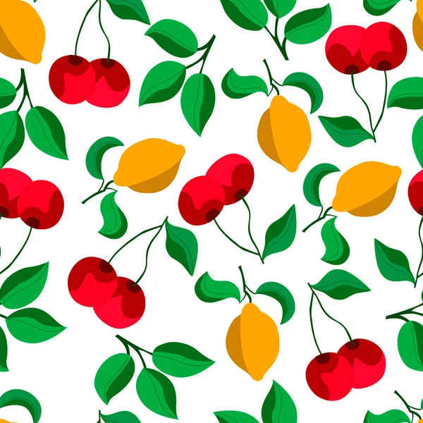 Lemons and cherries pattern on white background — Stock Vector