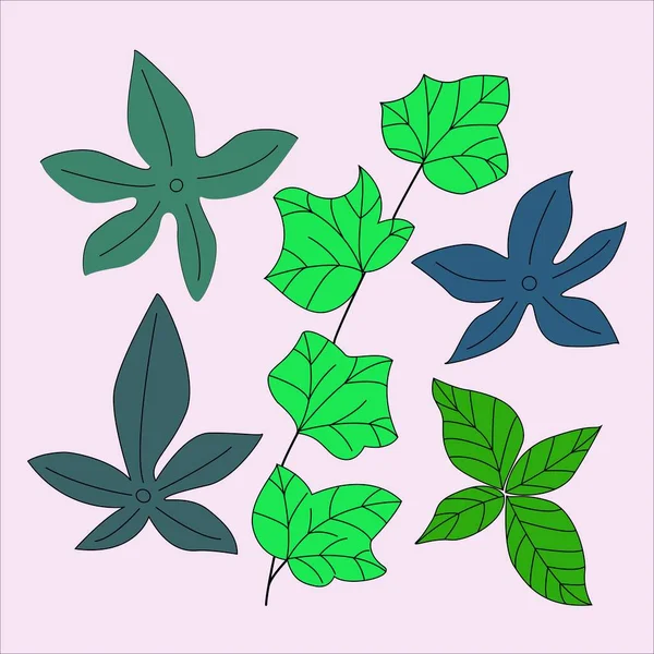Set di foglie tropicali su sfondo blu in grafica vettoriale. Per la progettazione di cartoline, stampe, striscioni, copertine di quaderni — Vettoriale Stock