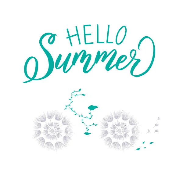 Ποδήλατο από λουλούδια πικραλίδας με την επιγραφή Hello summer. Γράμματα. Για το σχεδιασμό καρτ-ποστάλ, χαιρετισμών και εικονογραφήσεων διακοπών, εξώφυλλα φορητών υπολογιστών, εκτυπώσεις ενδυμάτων, αφίσες — Διανυσματικό Αρχείο