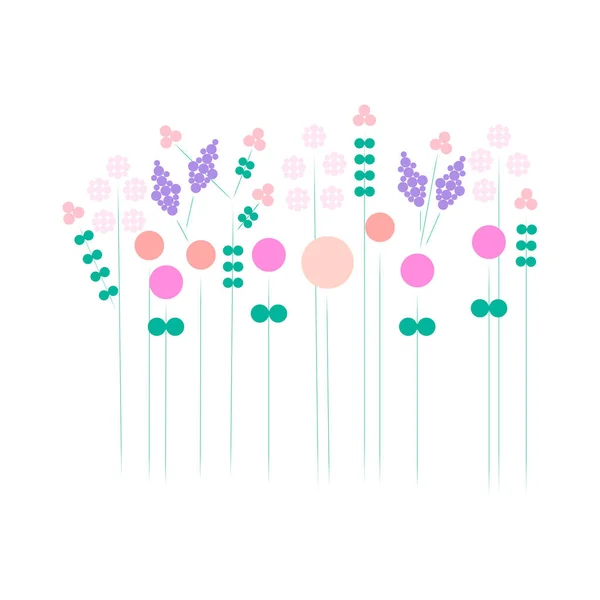 Flerfärgade äng blommor på en vit bakgrund. Geometriska blommor. Botanisk illustration. För dekoration av textilier, bordsartiklar, omslagspapper, gratulationskort, läroböcker, klädesplagg, klistermärken — Stock vektor