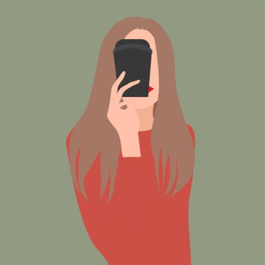Elinde kahve fincanı olan düz bir kızın vektör görüntüsü. Şık çizimler, kartpostallar, telefon kılıfları, not defterleri ve giysi baskıları, kafeler için posterler yaratmak için.