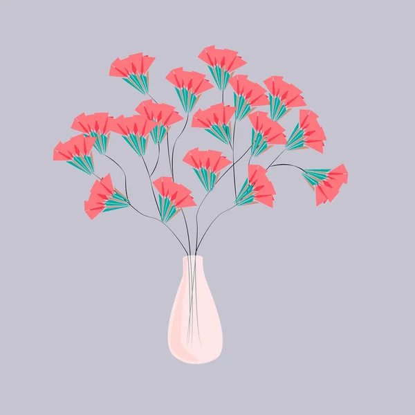 Delikat rosa blommor i en glasvas på en grå bakgrund. Vektorillustration. För formgivning av vykort, omslag, klädesplagg, omslagspapper, textilier, målningar — Stock vektor