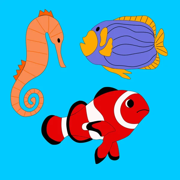 一组海鱼在一个海湾背景的矢量图形，在一个平面风格。关于动物标志的设计，请在枕头、杯子、包装纸、笔记本封面上打印 — 图库矢量图片