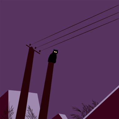 Gece gökyüzünün arka planında kedi resmi ve evlerin çatıları olan bir kartpostal. Kış manzarası. Mutlu Cadılar Bayramı. İyi geceler. Karanlık arka plan. Düz vektör illüstrasyonu.