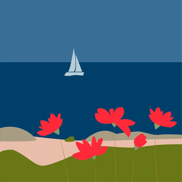 Imagen del mar, yate, playa con flores. Estilo plano, gráficos vectoriales. Para la recreación y el turismo, carteles, folletos publicitarios, postales, impresiones de ropa, cuadernos — Vector de stock