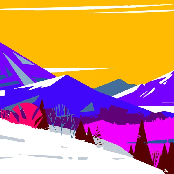 Зображення барвистих стилізованих гір з деревами — стоковий вектор