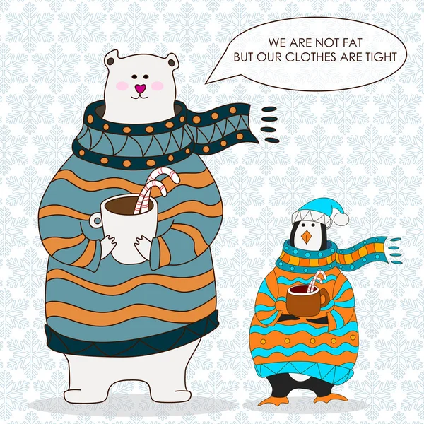Komik penguen ve Kutup ayısı. Noel hat.vector