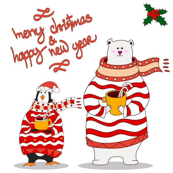 Komik penguen ve Kutup ayısı. Noel şapka. vektör