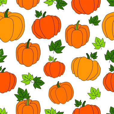Cadılar Bayramı. Çizim pumpkins ile. Düz, kesintisiz doku Halloween pumpkins ile. Kartpostallar, kartları, afiş, parmak izi için arka plan olarak kullanılabilir 