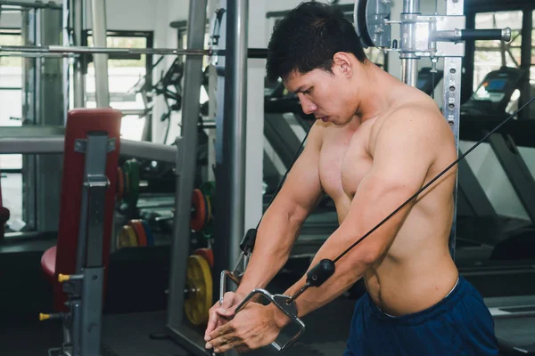 Asiatische muskulöse Männer stemmen Gewichte im Fitnessstudio. — Stockfoto