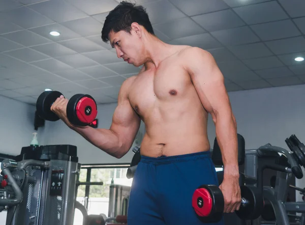 Ázsiai izmos férfiak súlyzóznak az edzőteremben.. — Stock Fotó
