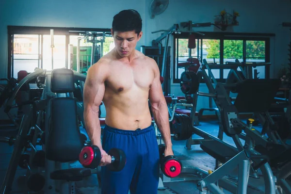 Asyalı kaslı adamlar spor salonunda ağırlık kaldırıyor..