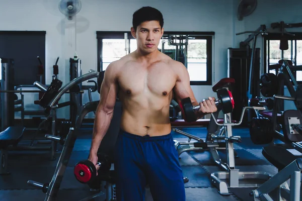 Asyalı kaslı adamlar spor salonunda ağırlık kaldırıyor..