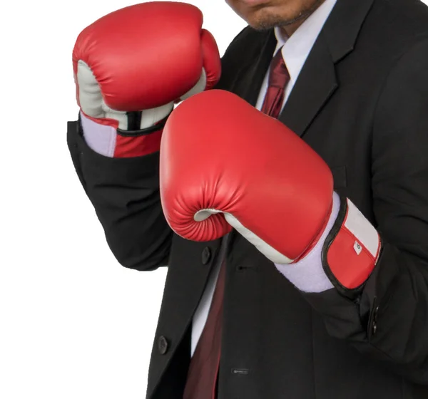 Asiático hombre de negocios poner guantes de boxeo para perforar . —  Fotos de Stock