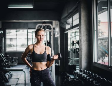 Güzel bayan sporcular spor salonunda egzersiz yapıyorlar. Dambılı kaldırarak. Spor salonunda bir sürü egzersiz malzemesi var..