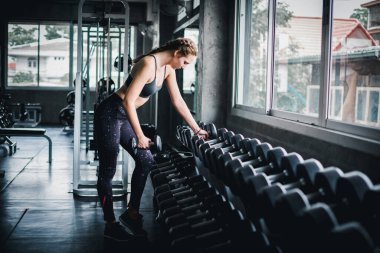 Güzel bayan sporcular spor salonunda egzersiz yapıyorlar. Dambılı kaldırarak. Spor salonunda bir sürü egzersiz malzemesi var..