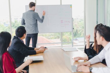 Genç iş adamları beyaz tahtadaki grafikleri ve istatistikleri açıklıyorlar. Toplantıya katılan şirket yöneticileri ve çalışanları.