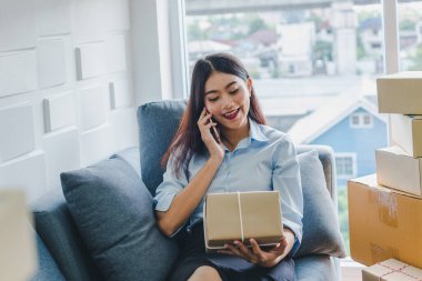 Asyalı kadın sme hakkında küçük bir iş kurdu. Kız siparişi internetten kabul ediyor. İnternet ve telefonla. KOBİ bağımsız bir iş kavramı.