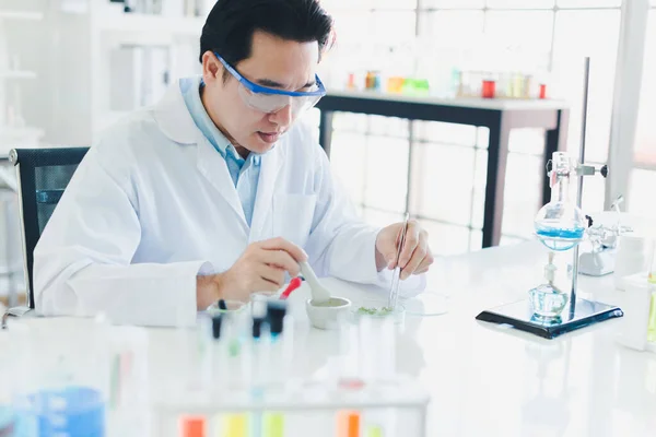 아시아 과학자들은 실험실에서 분석을 물질을 준비하고 과학자들은 셔츠를 입었다 화학의 — 스톡 사진