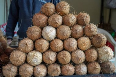 Piyasada bir grup taze hindistan cevizi var. Hindistan cevizi arka planı. 