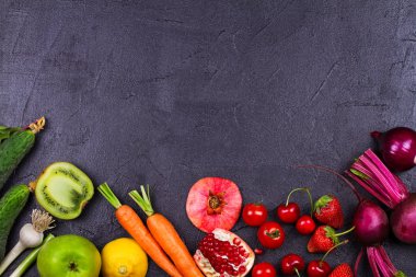 Havuç, kırmızı pancar, salatalık, limon, nar, kivi, elma, domates, kiraz, çilek, kırmızı soğan, fesleğen ve nane