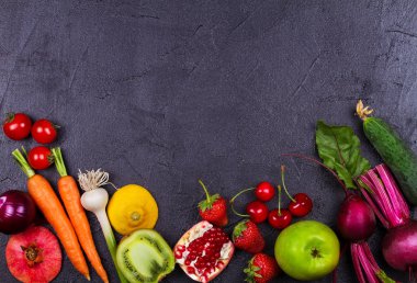 Havuç, kırmızı pancar, salatalık, limon, nar, kivi, elma, domates, kiraz, çilek, kırmızı soğan, fesleğen ve nane