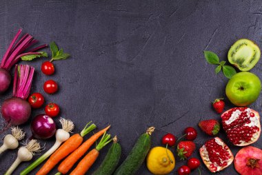 Havuç, kırmızı pancar, salatalık, limon, nar, kivi, elma, domates, kiraz, çilek, kırmızı soğan, fesleğen ve nane