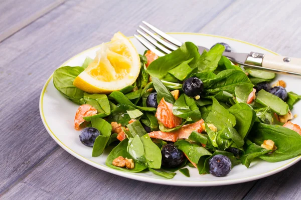 Spinach, salmon, blueberries and walnuts salad on white plate — Stock Photo, Image
