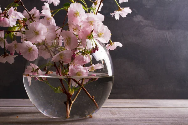 Розовые цветы в вазе на сером деревянном фоне. Весенний расцвет. Цветочный букет — стоковое фото