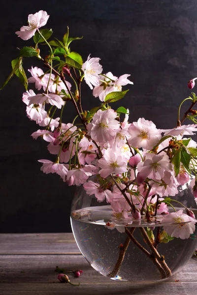 Розовые цветы в вазе на сером деревянном фоне. Весенний расцвет. Цветочный букет — стоковое фото