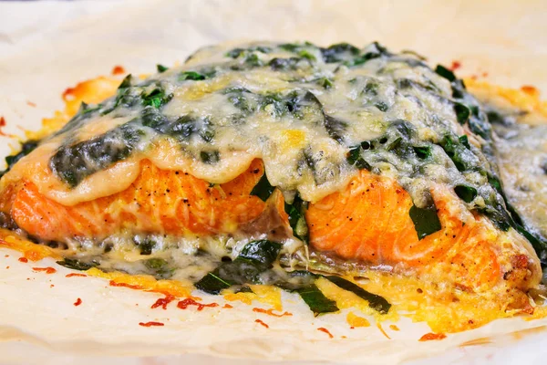 三文鱼配菠菜和奶酪 — 图库照片