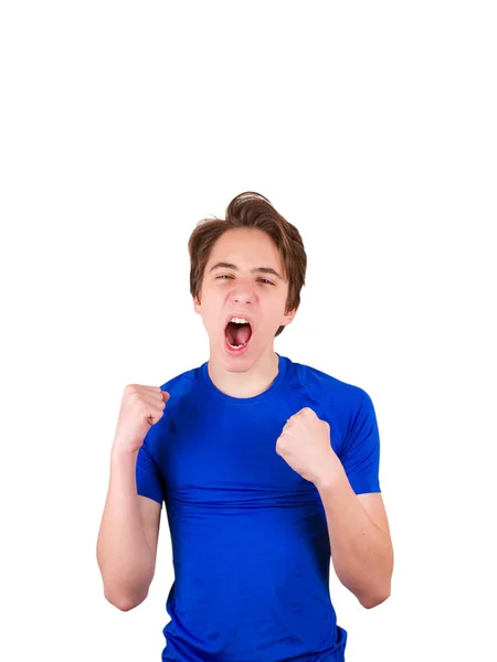 Teenager en T-shirt bleu, isolé sur fond blanc. Portrait de jeune homme . — Photo