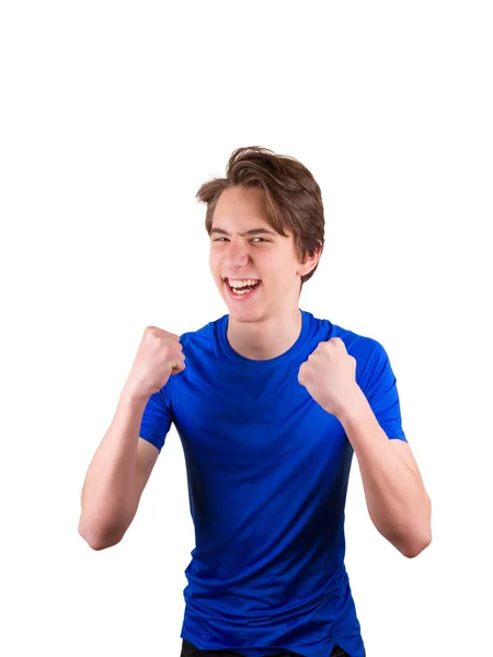 Teenager v modré tričko, izolované na bílém pozadí. Portrét mladého muže. — Stock fotografie