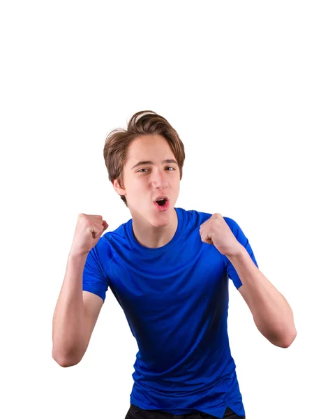 Teenager en T-shirt bleu, isolé sur fond blanc. Portrait de jeune homme . — Photo