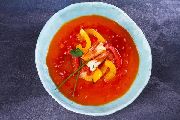 Shrimp Gazpacho. Spanish soup. Vegetable puree with prawns